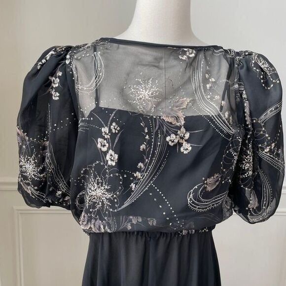 Black Blouson Top Pouf Sleeve Midi Dress L - Picture 8 of 8